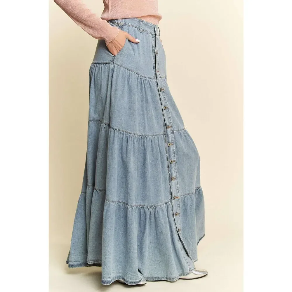 Denim Button-Front Ruffle Hem Maxi Skirt - Picture 3 of 9